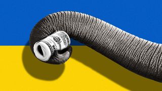 Illustration of an elephant's trunk with a roll of money in front of a Ukrainian flag 